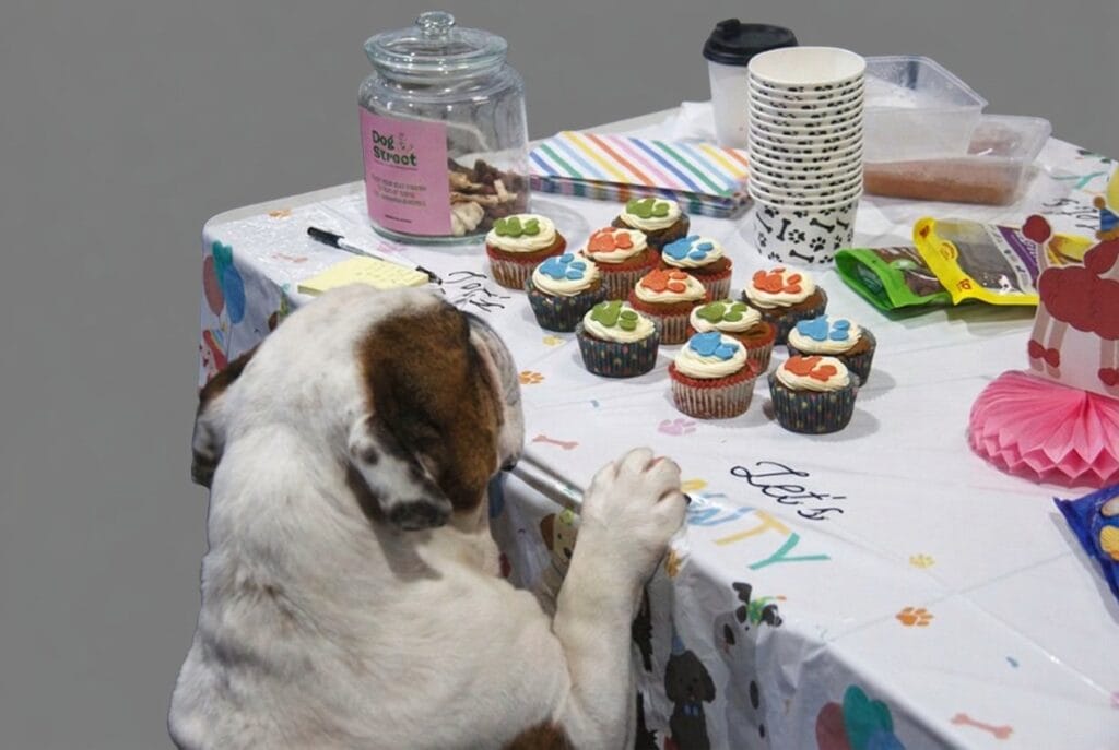 Bulldog eyeing paw-print pupcakes at a Bones & Harmony Paw ty